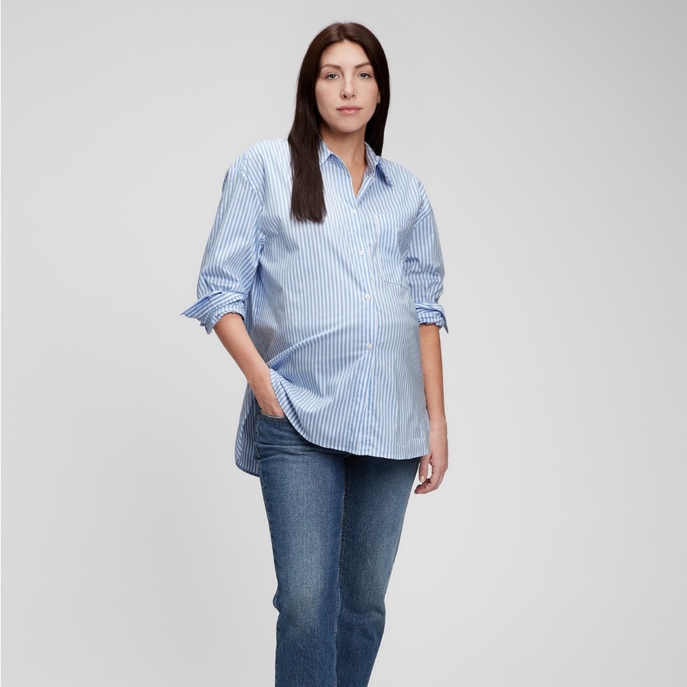 Gap Maternity Oversized Blue & White Striped Button Down Shirt - Picture 3 of 4